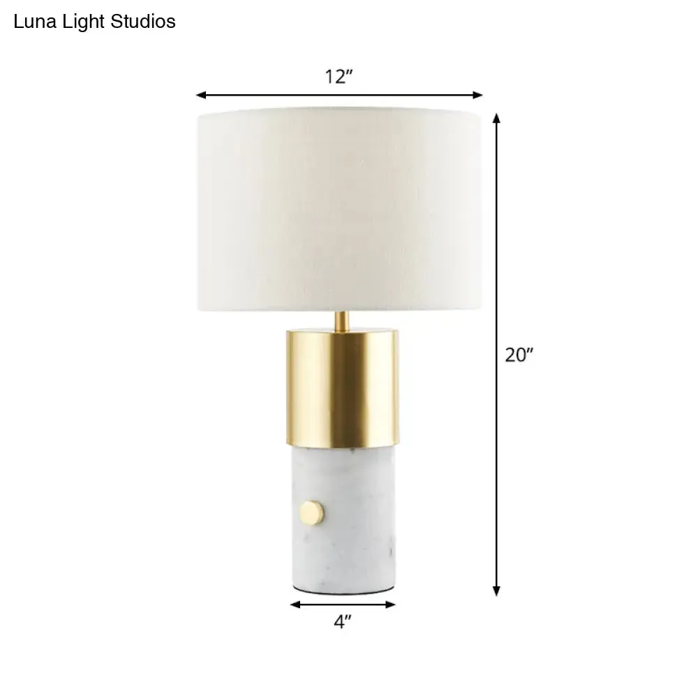 1-Light Nordic Night Lamp with White Marble Column - Drum Fabric Shade for Bedroom Lighting