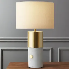 1-Light Nordic Night Lamp with White Marble Column - Drum Fabric Shade for Bedroom Lighting