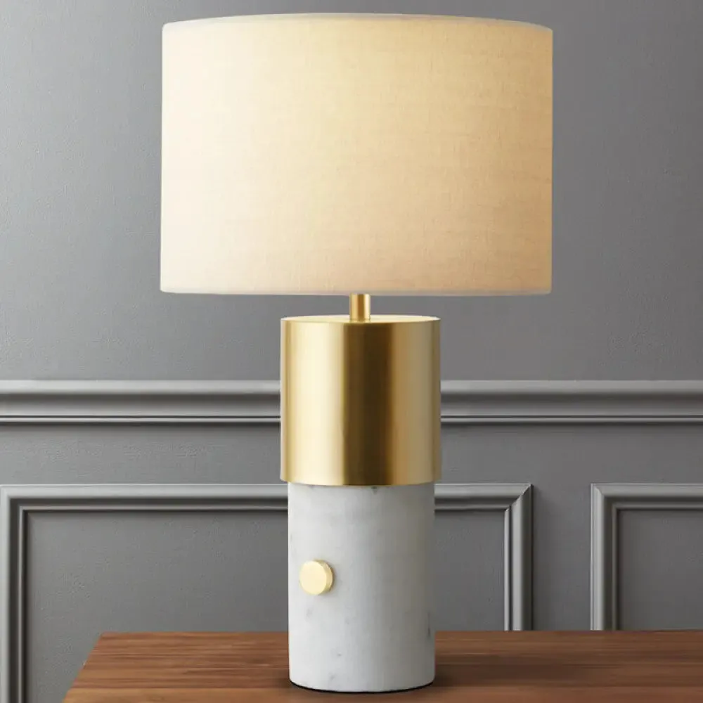 1-Light Nordic Night Lamp with White Marble Column - Drum Fabric Shade for Bedroom Lighting