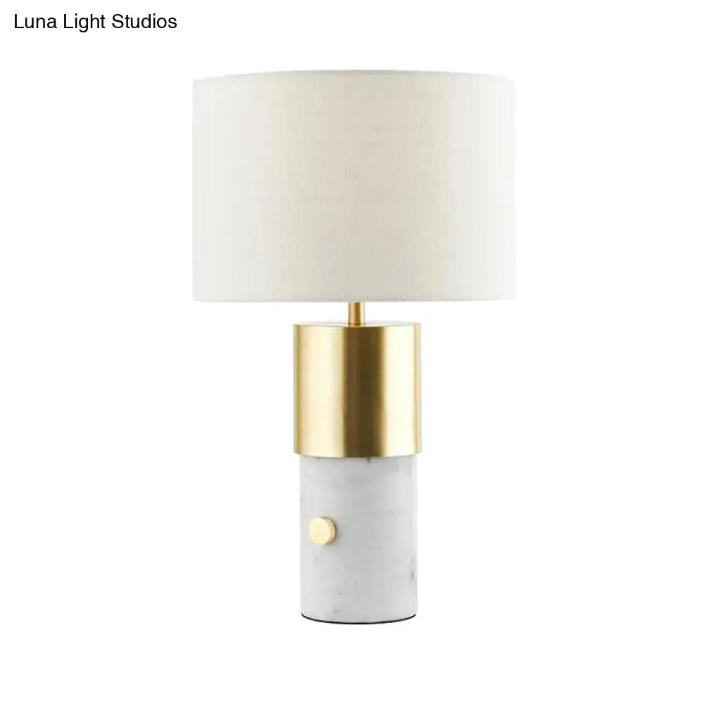 1-Light Nordic Night Lamp with White Marble Column - Drum Fabric Shade for Bedroom Lighting