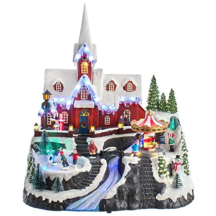 15" Musical Motion Church with Spinning Carousel and Skaters, 8 Songs, LED Lights, Electric Plug