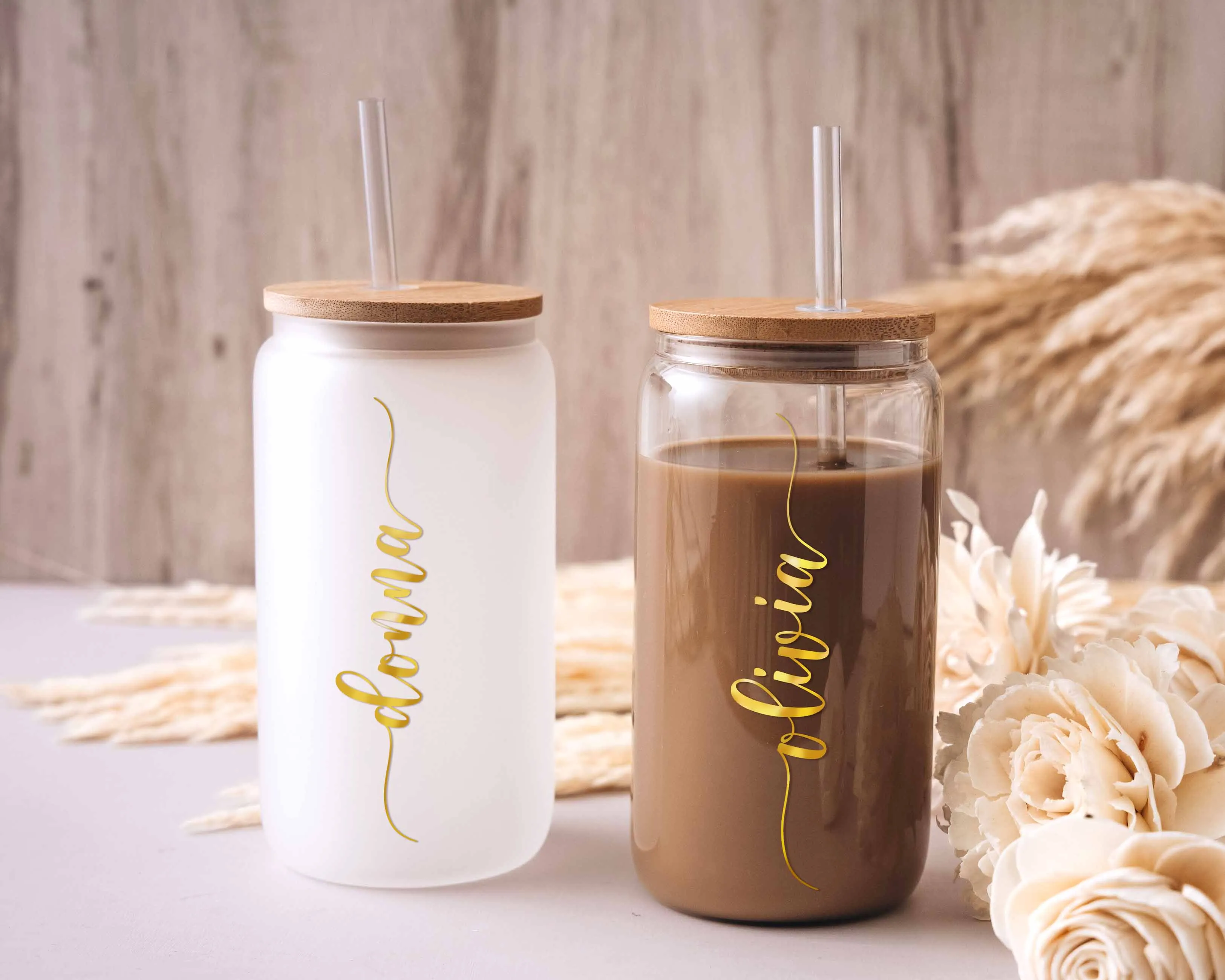 16oz Glass Cup with Straw & Lid