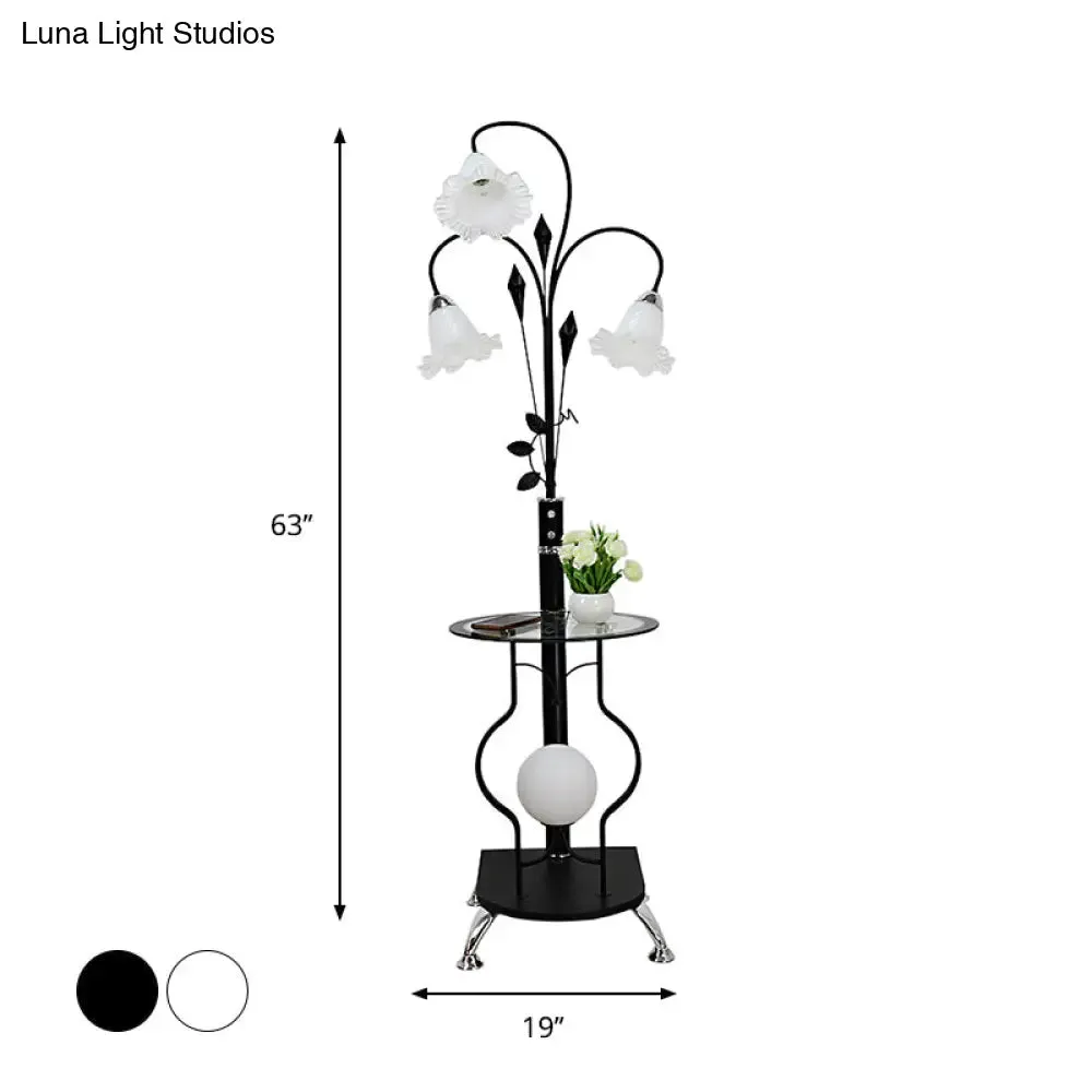 3-Bulb Countryside Metal Floor Light: Elegant Black/White Standing Lamp with Floral Glass Shade