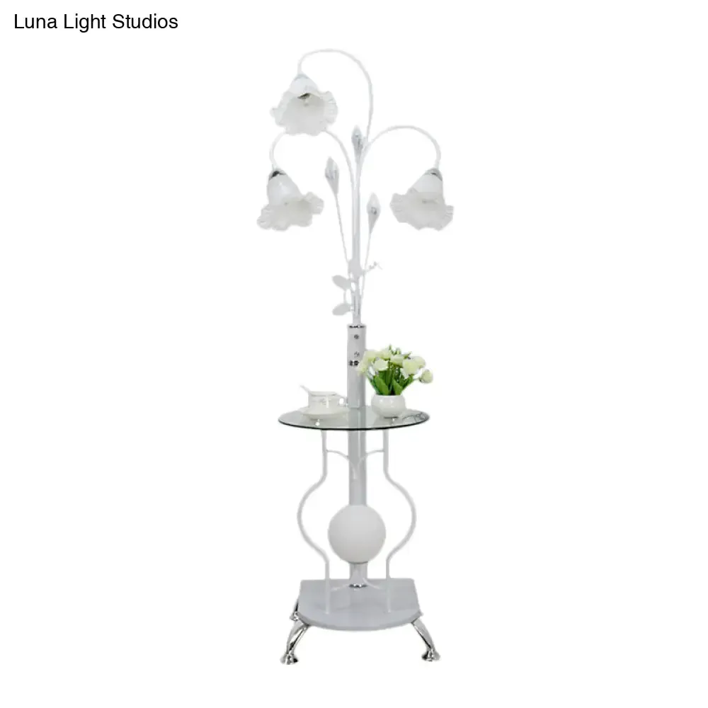 3-Bulb Countryside Metal Floor Light: Elegant Black/White Standing Lamp with Floral Glass Shade