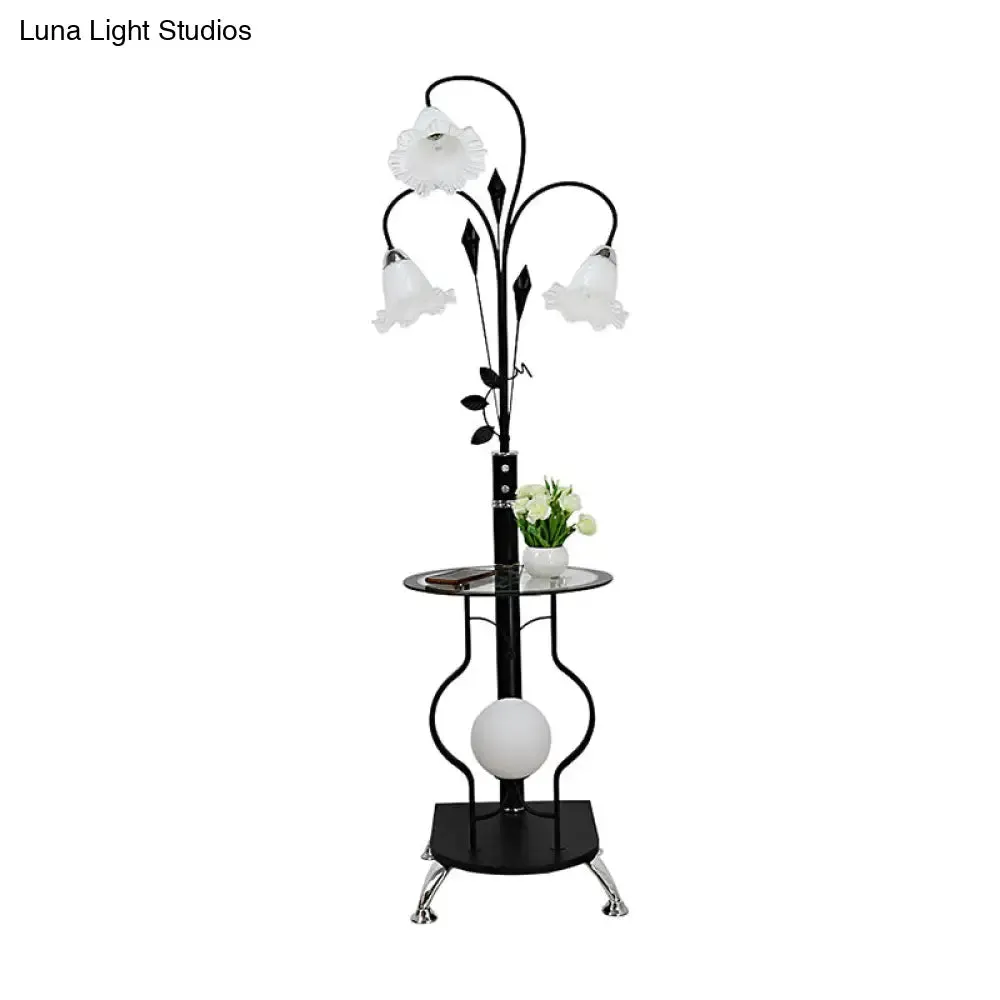 3-Bulb Countryside Metal Floor Light: Elegant Black/White Standing Lamp with Floral Glass Shade