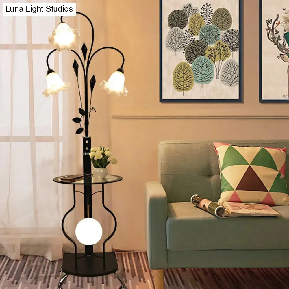 3-Bulb Countryside Metal Floor Light: Elegant Black/White Standing Lamp with Floral Glass Shade