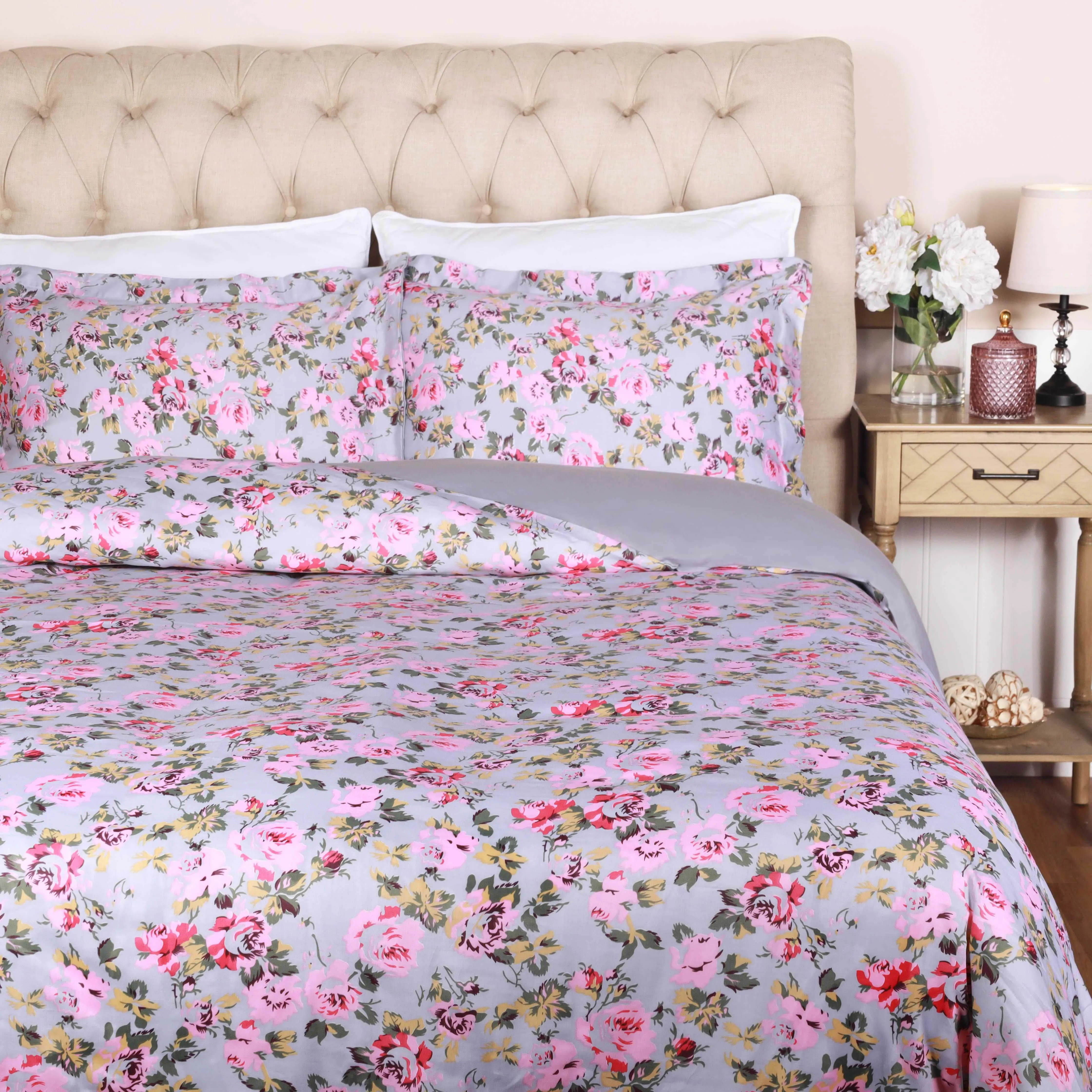 300 Thread Count Solid or Floral Cotton All-Season Duvet Cover Set