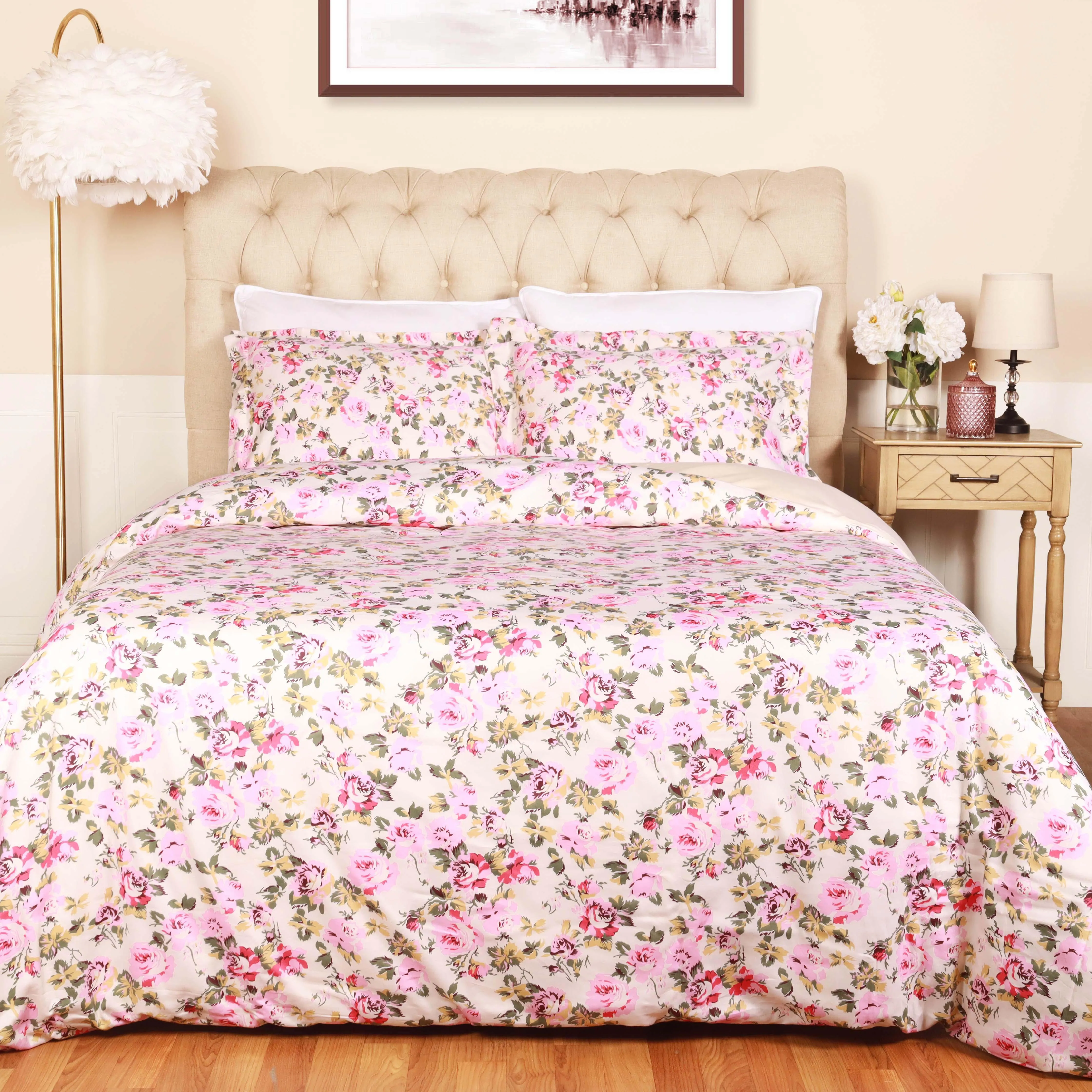 300 Thread Count Solid or Floral Cotton All-Season Duvet Cover Set