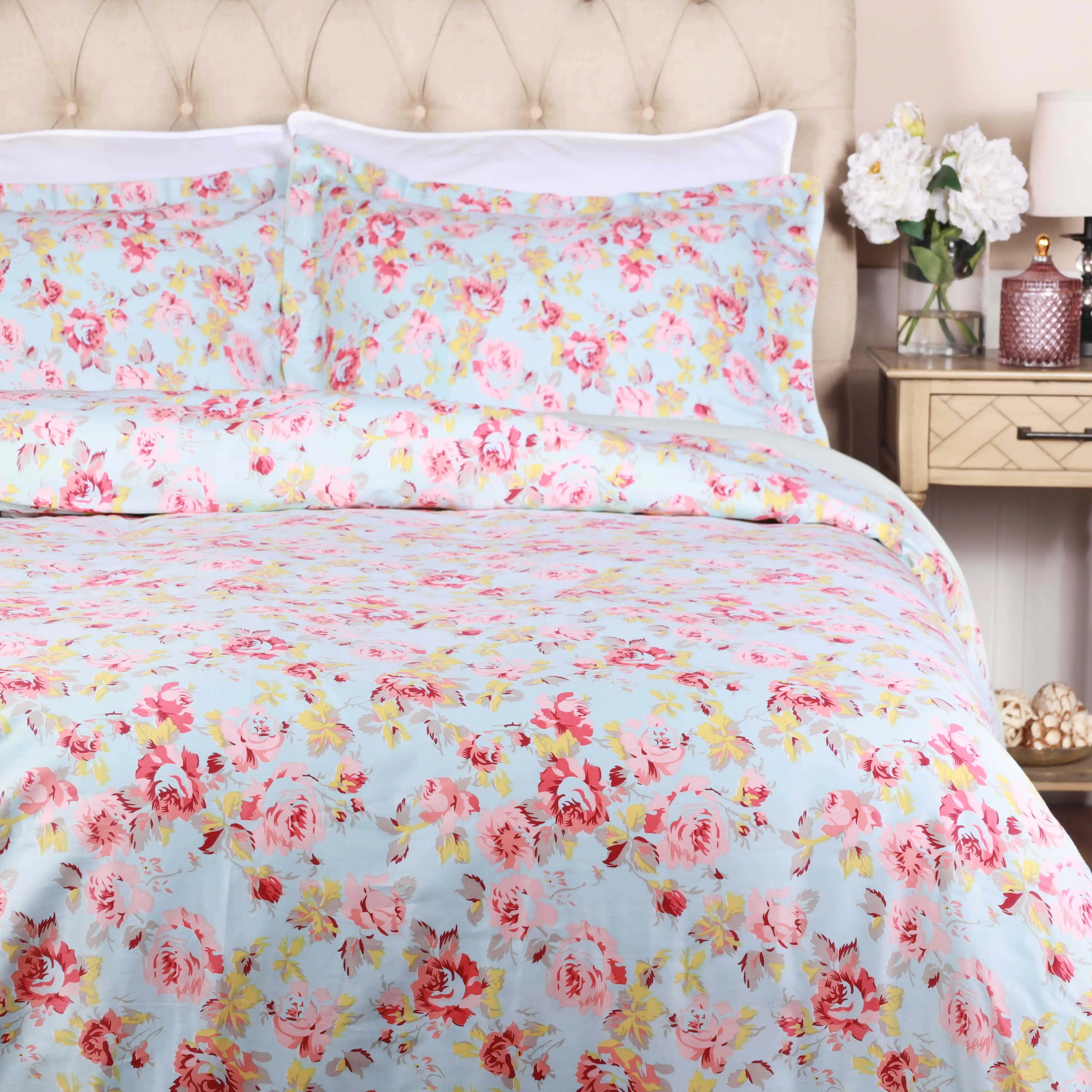 300 Thread Count Solid or Floral Cotton All-Season Duvet Cover Set