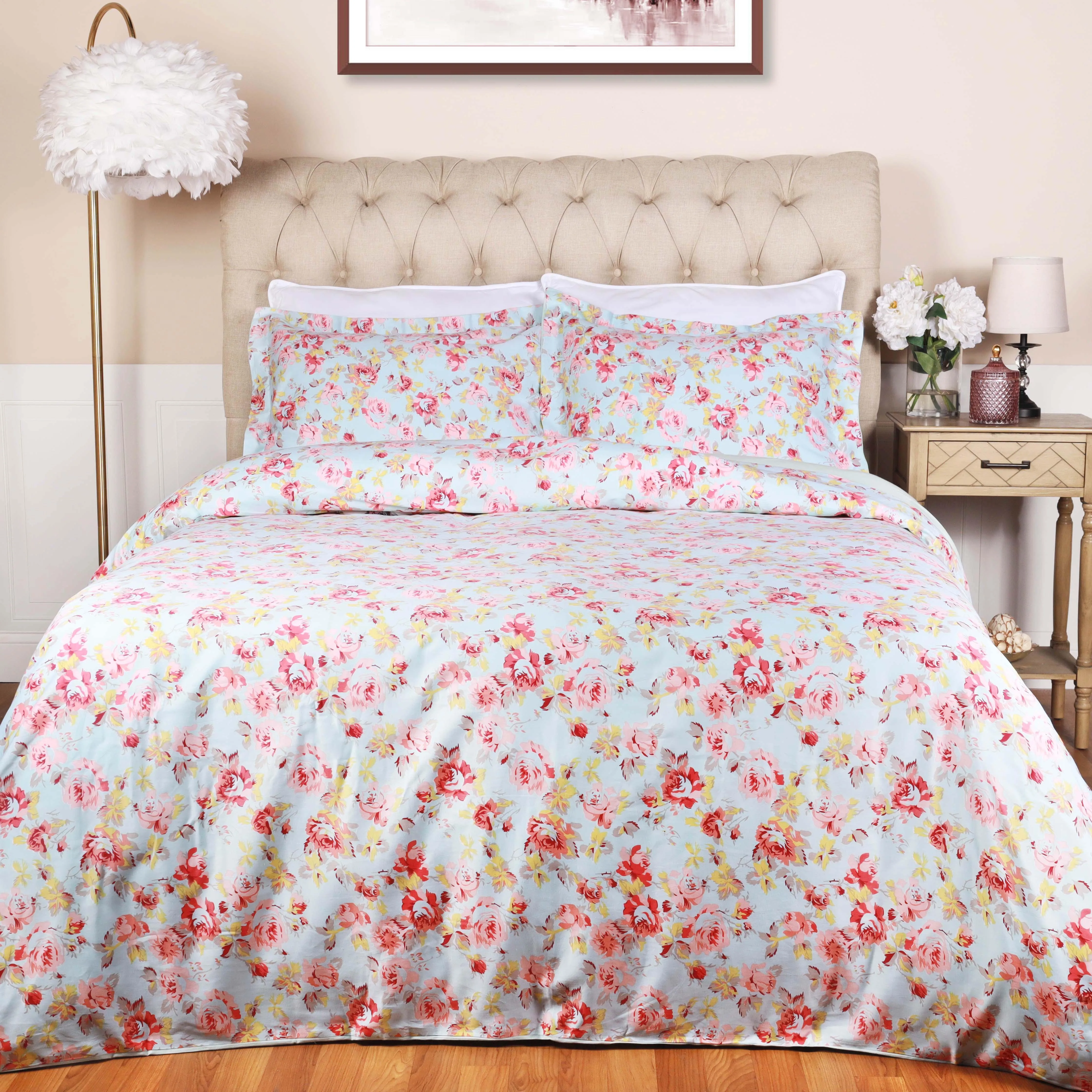 300 Thread Count Solid or Floral Cotton All-Season Duvet Cover Set