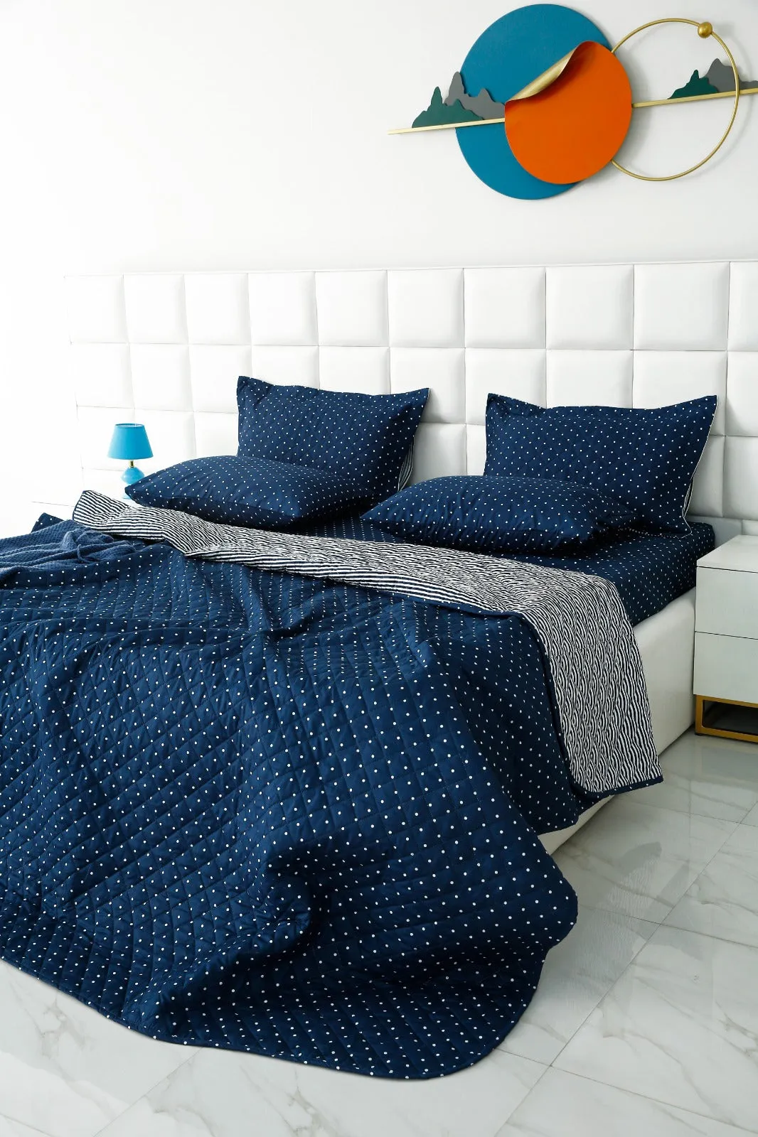 6 PCs Bed Spread Set-Blue Polka