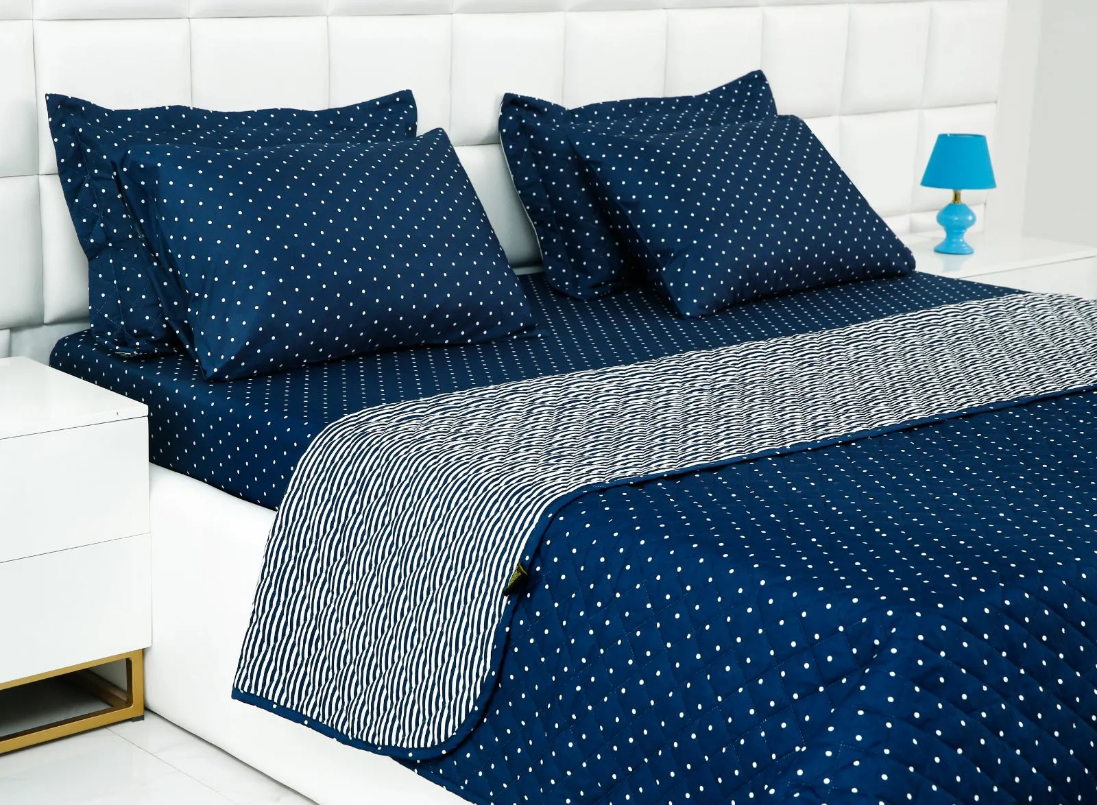 6 PCs Bed Spread Set-Blue Polka