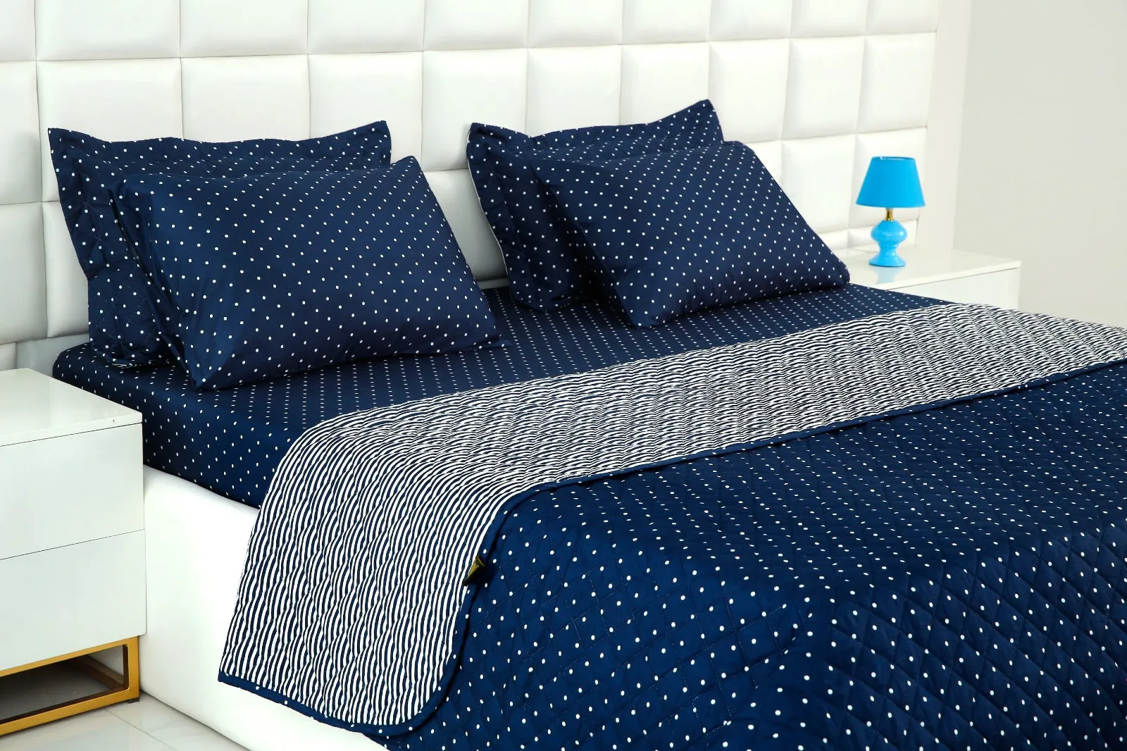 6 PCs Bed Spread Set-Blue Polka