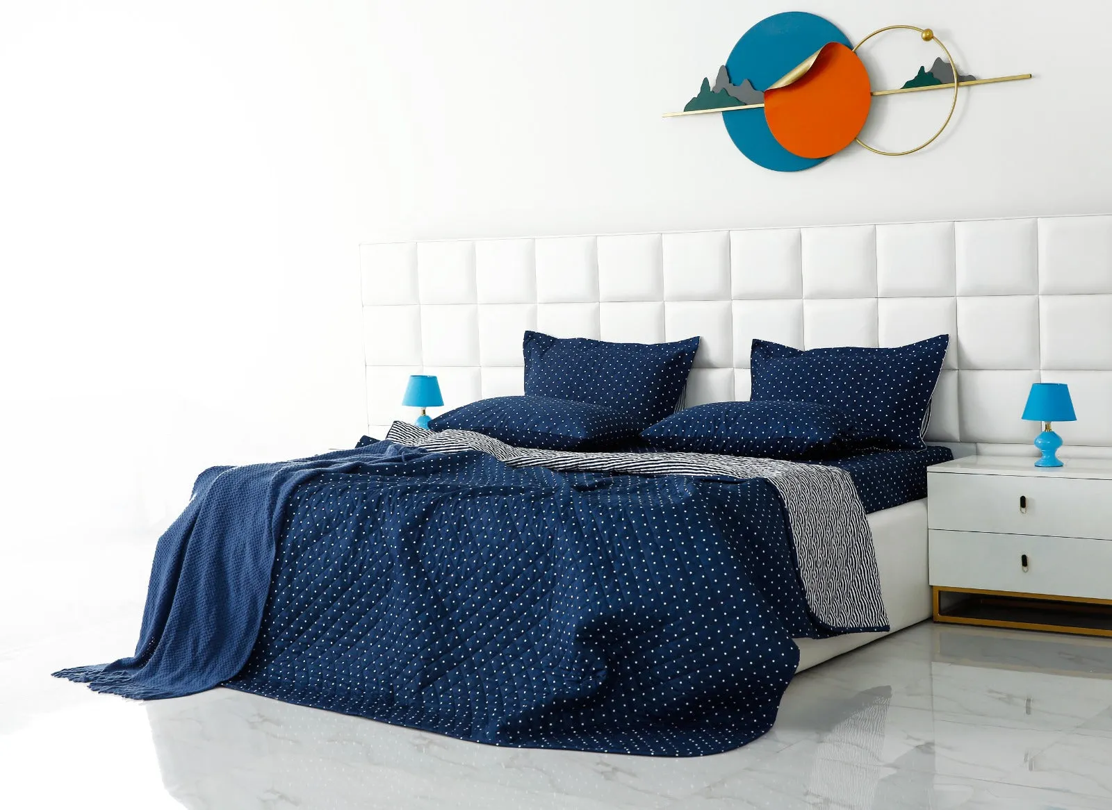 6 PCs Bed Spread Set-Blue Polka