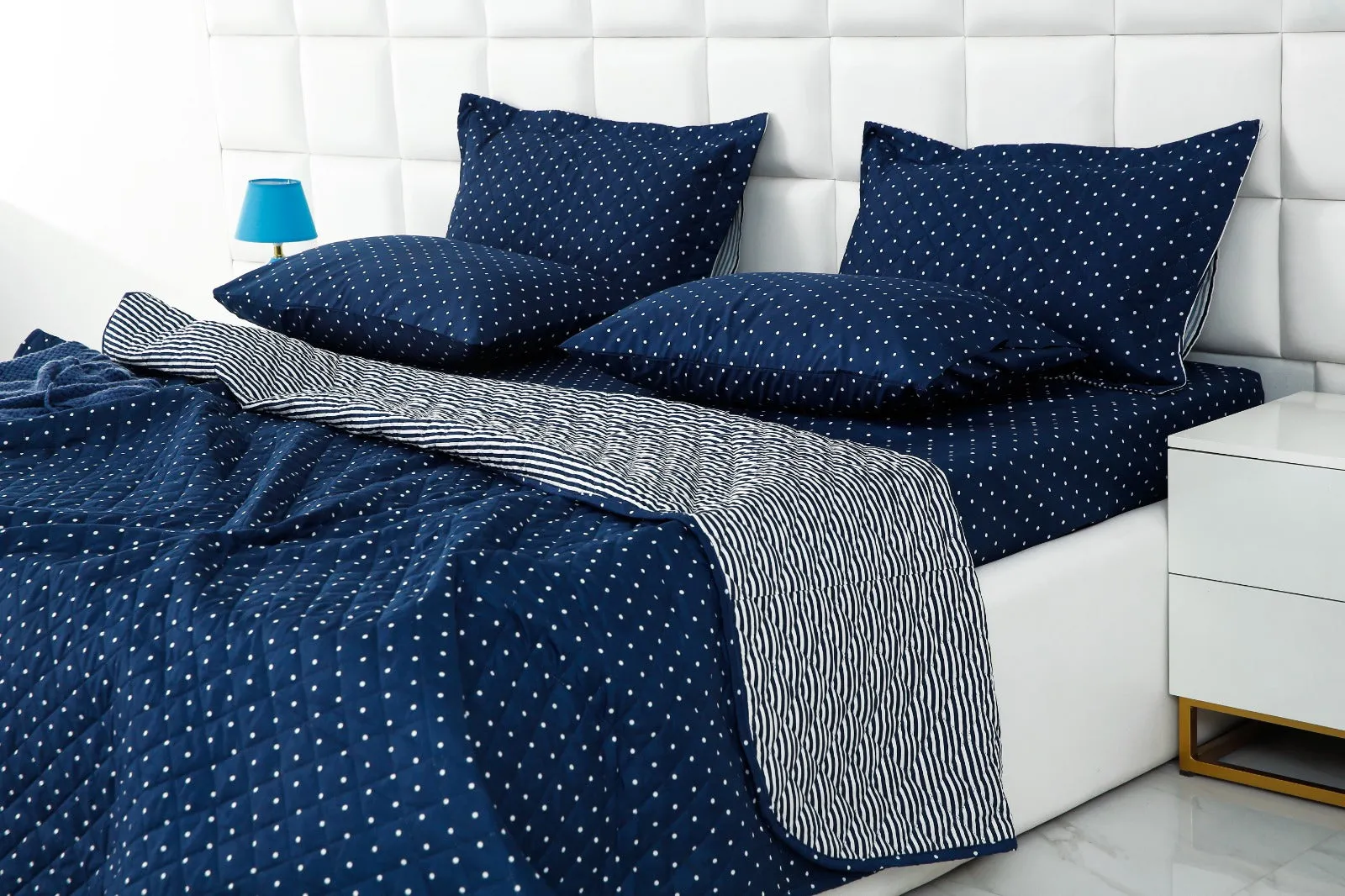 6 PCs Bed Spread Set-Blue Polka