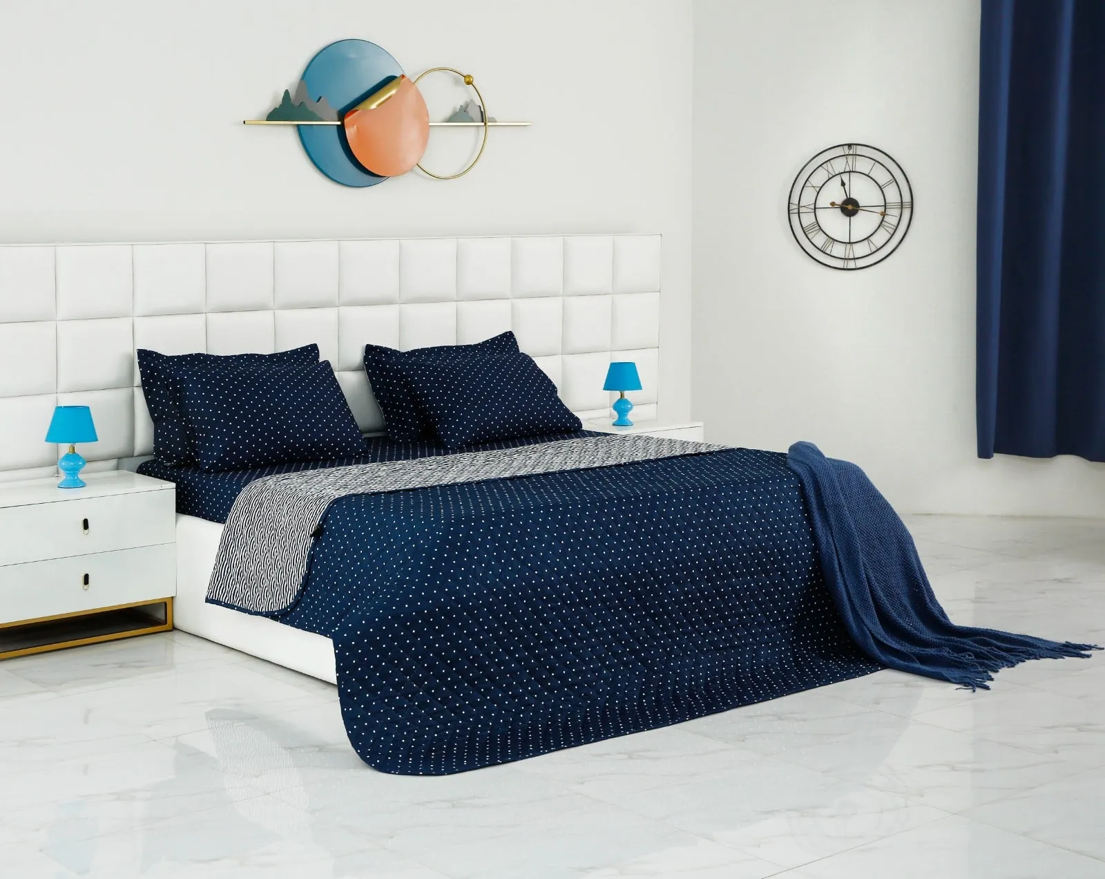 6 PCs Bed Spread Set-Blue Polka