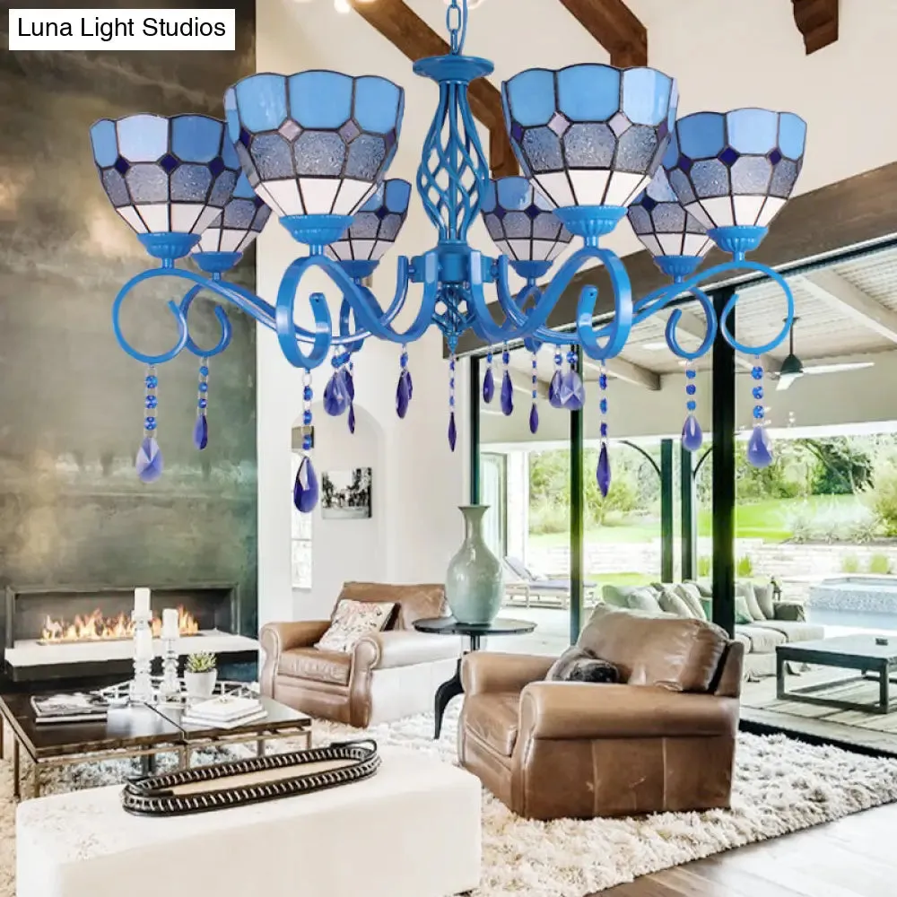 6/8-Light Blue Pendant Nautical Chandelier - Stained Glass Indoor Lighting with 12" Chain