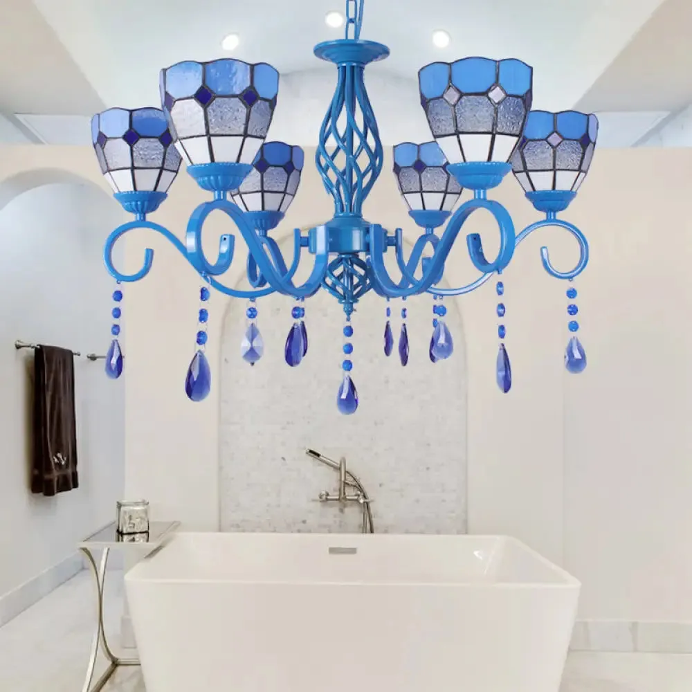 6/8-Light Blue Pendant Nautical Chandelier - Stained Glass Indoor Lighting with 12" Chain