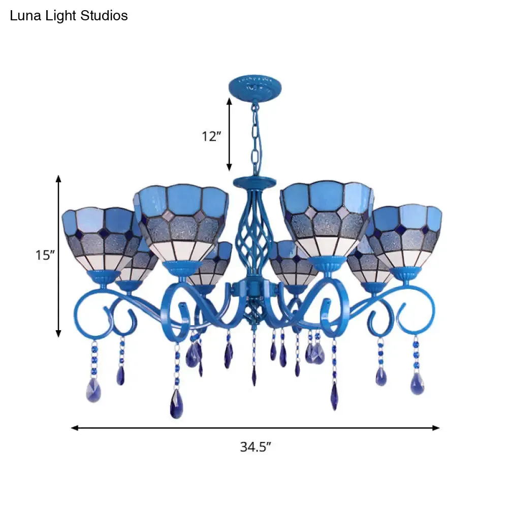 6/8-Light Blue Pendant Nautical Chandelier - Stained Glass Indoor Lighting with 12" Chain