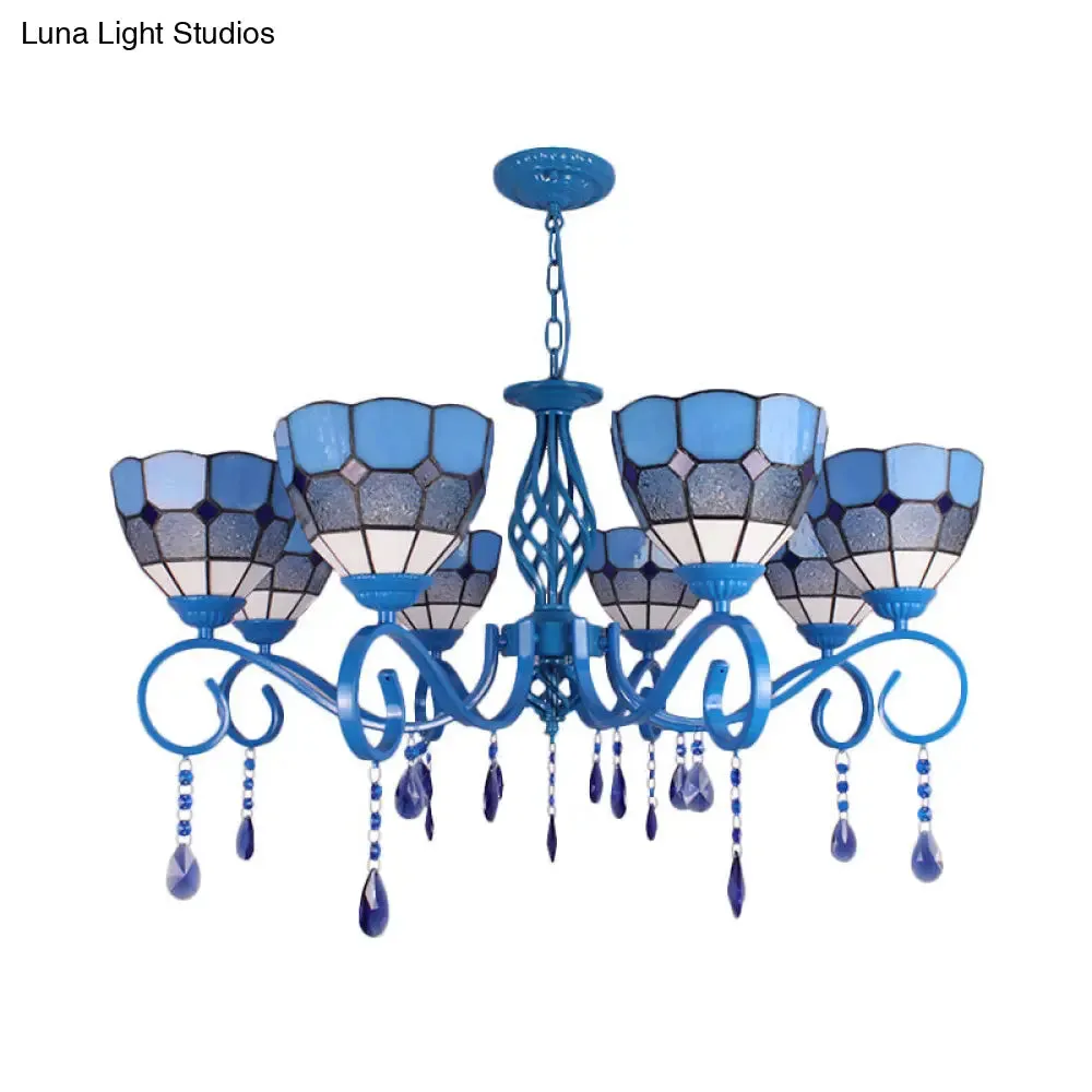 6/8-Light Blue Pendant Nautical Chandelier - Stained Glass Indoor Lighting with 12" Chain