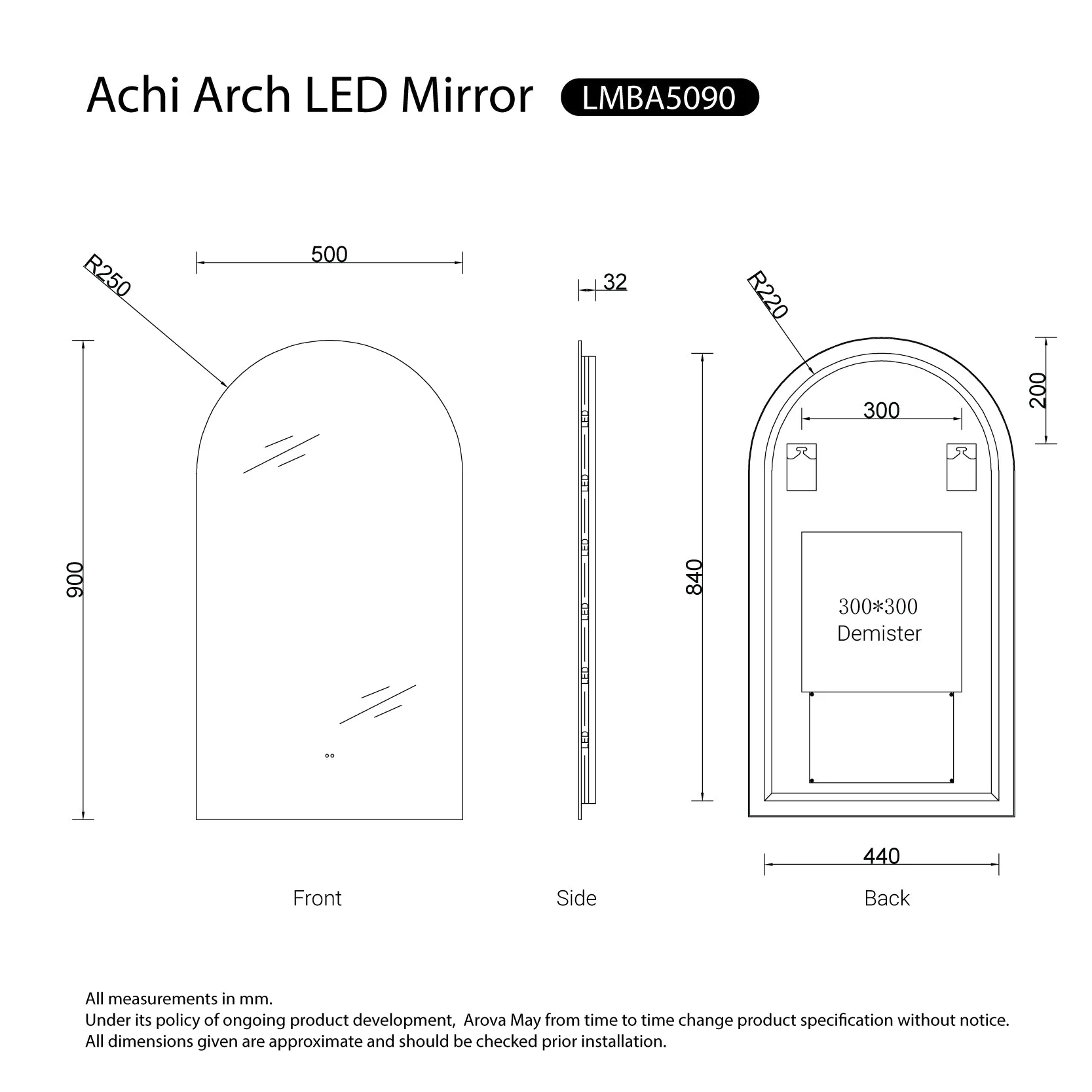 Achi Frameless Arch Led Bathroom Mirror Anti-Fog Dimmable