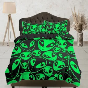 Alien UFO Kids Duvet Cover Set Neon Green, Toddler Bedding, Space Invasion Bedroom, Cute Bedding, Duvet King Queen Full Twin Single