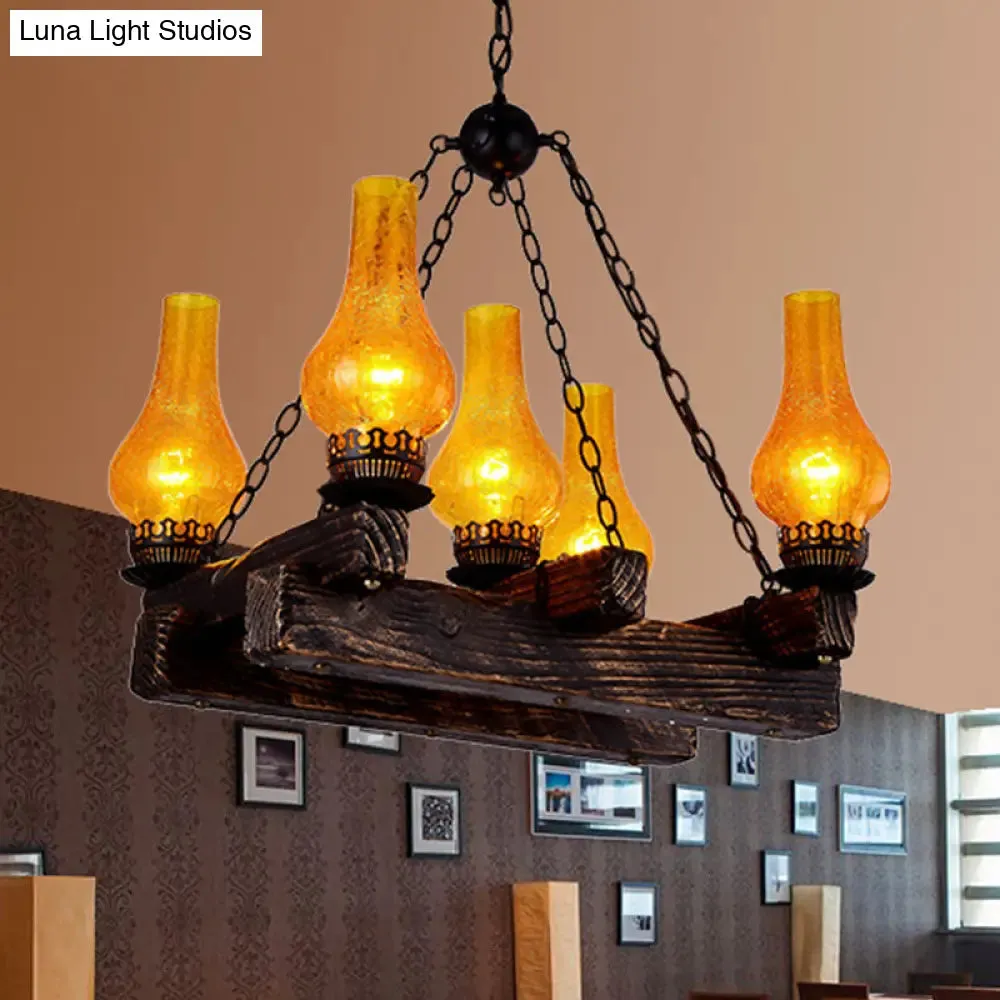 Amber Crackle Glass Chandelier with 5 Lights - Dark Wood Restaurant Hanging Light Fixture