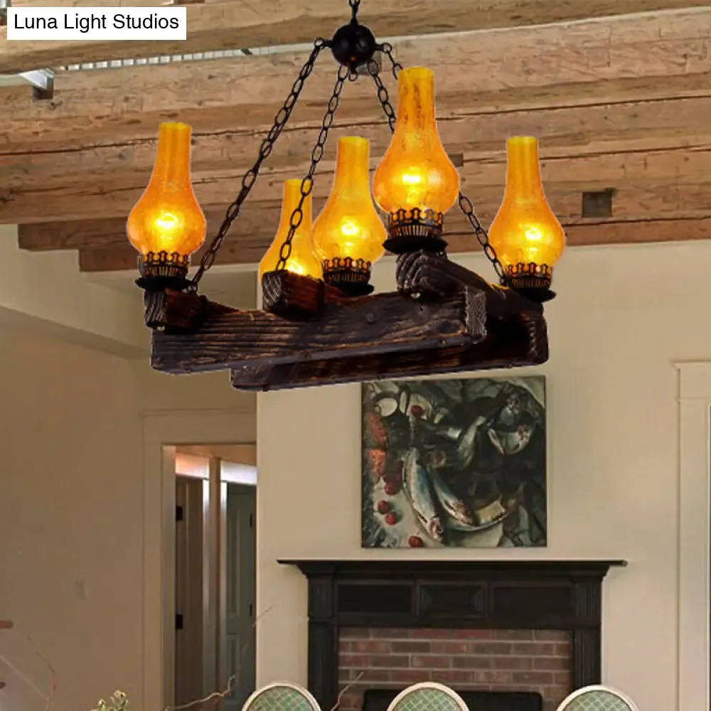 Amber Crackle Glass Chandelier with 5 Lights - Dark Wood Restaurant Hanging Light Fixture