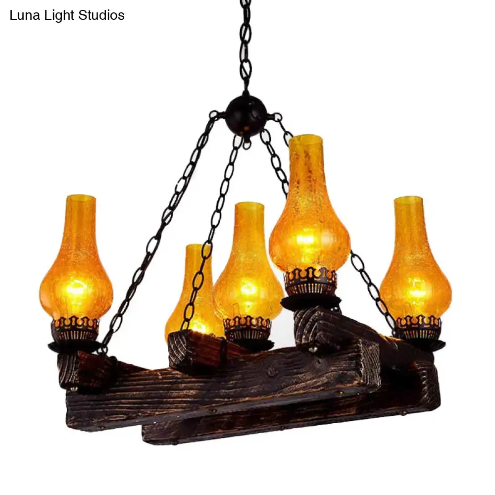 Amber Crackle Glass Chandelier with 5 Lights - Dark Wood Restaurant Hanging Light Fixture