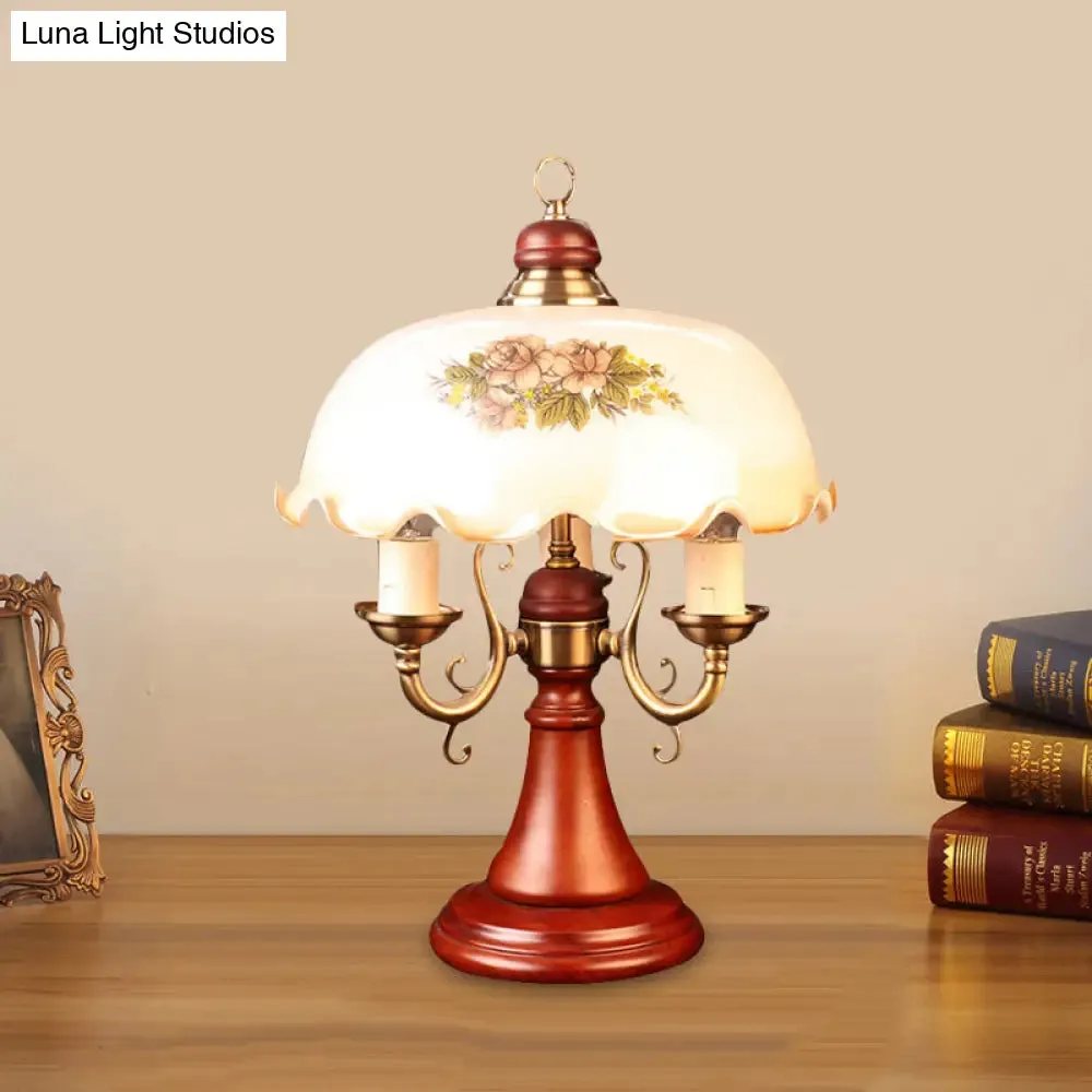 American Flower Wooden Table Lamp with Wide Bowl Glass Shade - Red Brown"