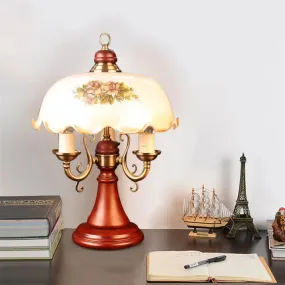 American Flower Wooden Table Lamp with Wide Bowl Glass Shade - Red Brown"