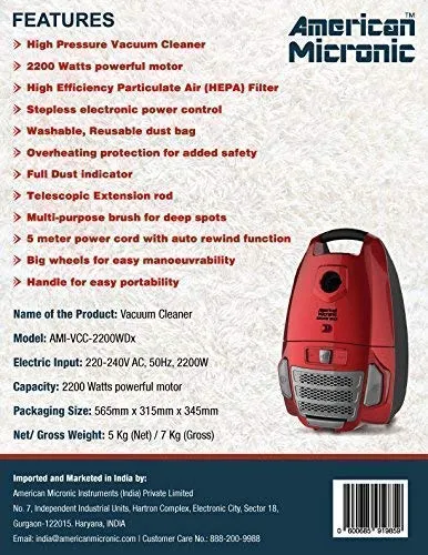 American Micronic- AMI-VCC-2200WDx-2200 Watts Imported Dry Vacuum Cleaner (Red)