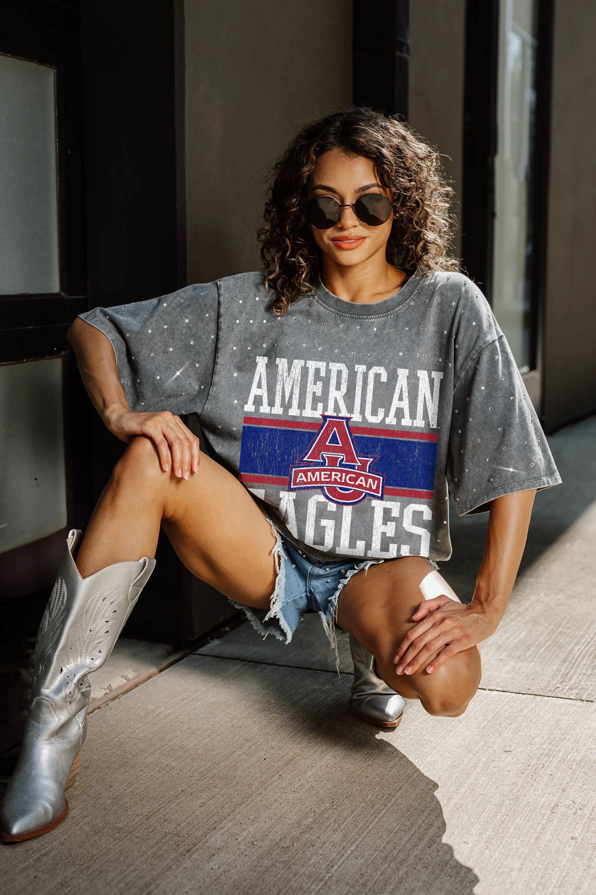 AMERICAN UNIVERSITY EAGLES ON THE BALL MINI RHINESTONE SHORT SLEEVE CLASSIC TEE