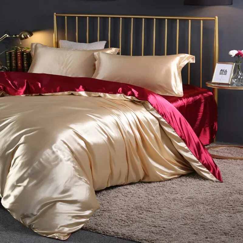 Anyhouz Beddings Beige US King Size 3 Pcs High End Satin Smooth Duvet Cover Set Luxury Polyester Silky Soft Cozy Bedding Set