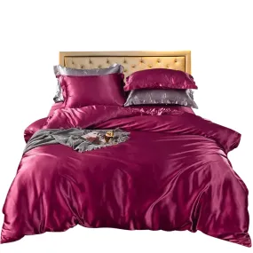 Anyhouz Beddings Magenta US Twin Size 3 Pcs High End Satin Smooth Duvet Cover Set Luxury Polyester Silky Soft Cozy Bedding Set