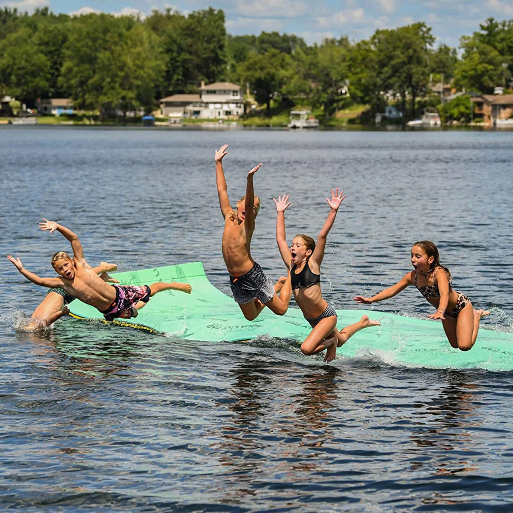 Aqua Lily Pad 15 Ft Bullfrog Water Playground Floating Foam Island, Green/Yellow