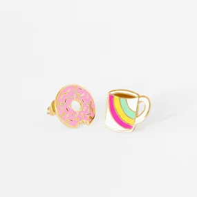 Asymmetrical Cloisonné Stud Earrings - Coffee & Donut