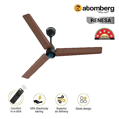 atomberg Renesa 1200mm BLDC Motor 5 Star Rated Sleek Ceiling Fans with Remote | Upto 65% Energy Saving | 2 1 Year Warranty (Brown and Black) | Winner of National Energy Conservation Awards (2022)