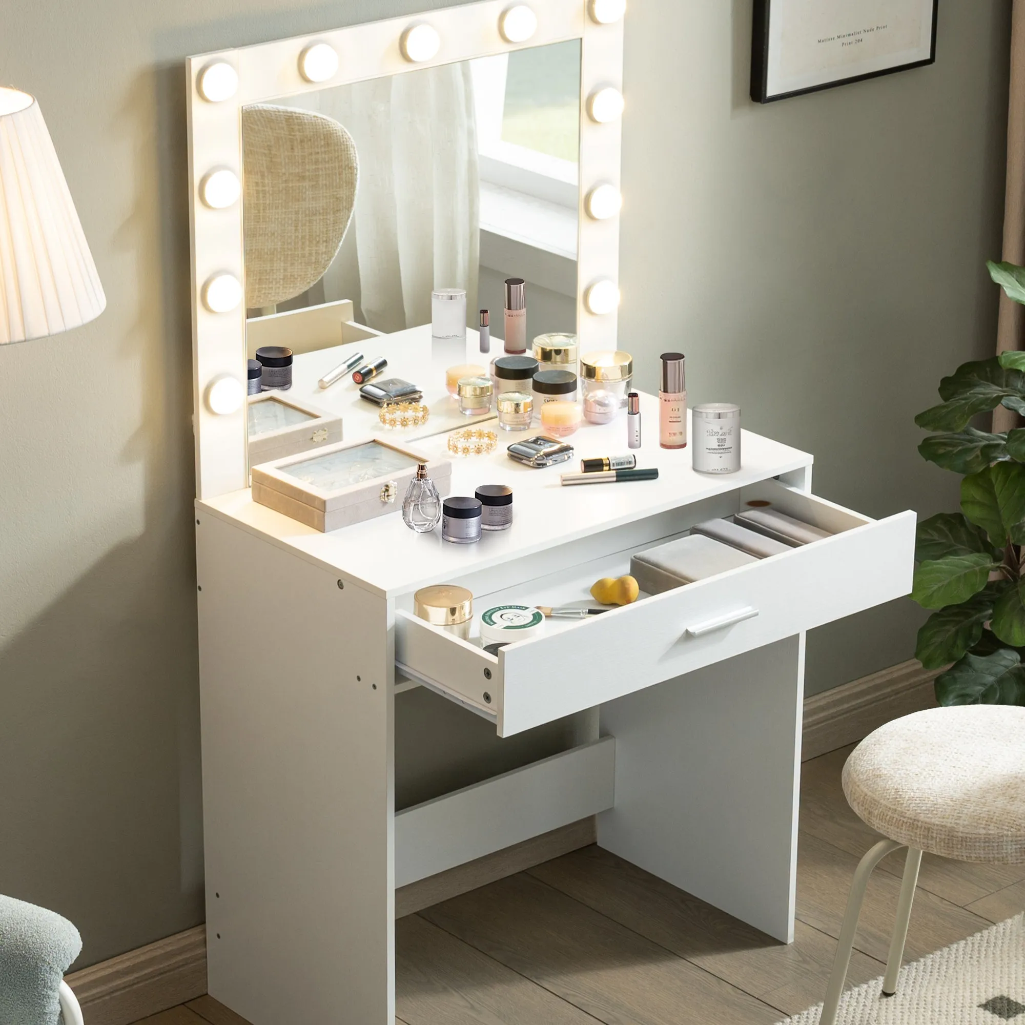 Auro Vanity Desk with Mirror & Light - White