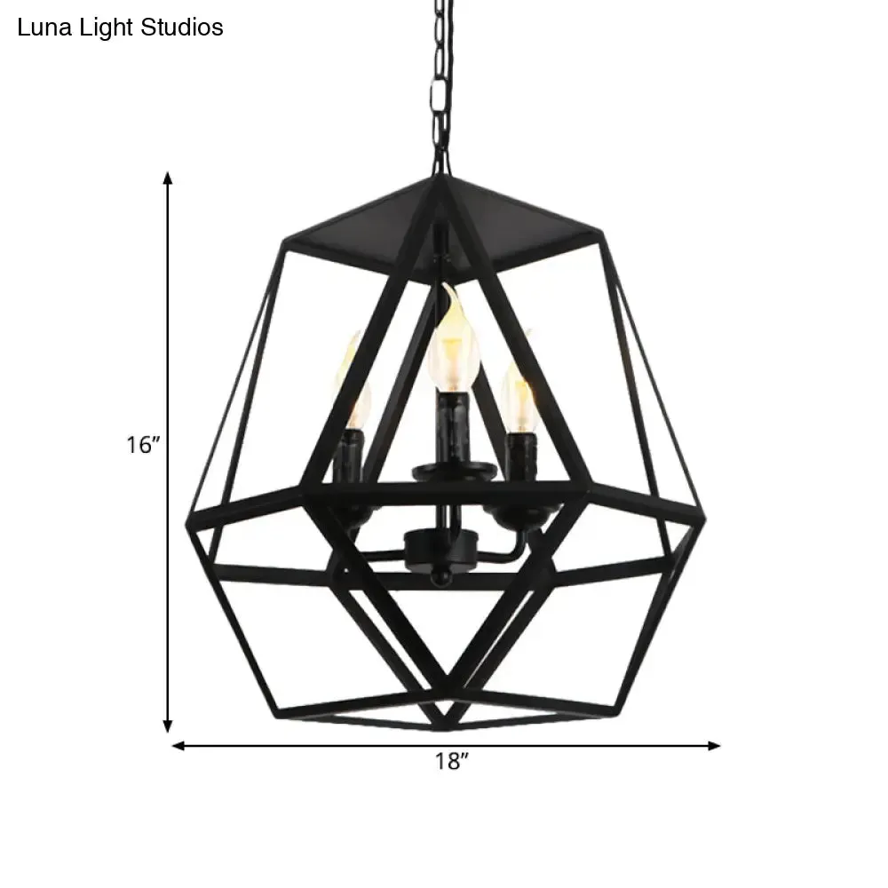 Barrel/Birdcage Chandelier Lighting - Vintage Style Pendant Light - 3 Lights - Black Metallic - Over Table