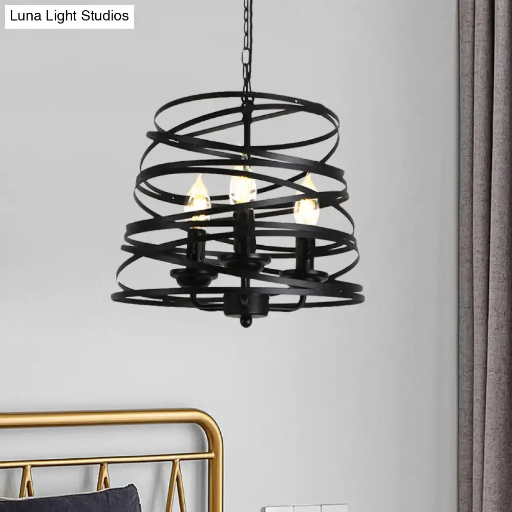 Barrel/Birdcage Chandelier Lighting - Vintage Style Pendant Light - 3 Lights - Black Metallic - Over Table