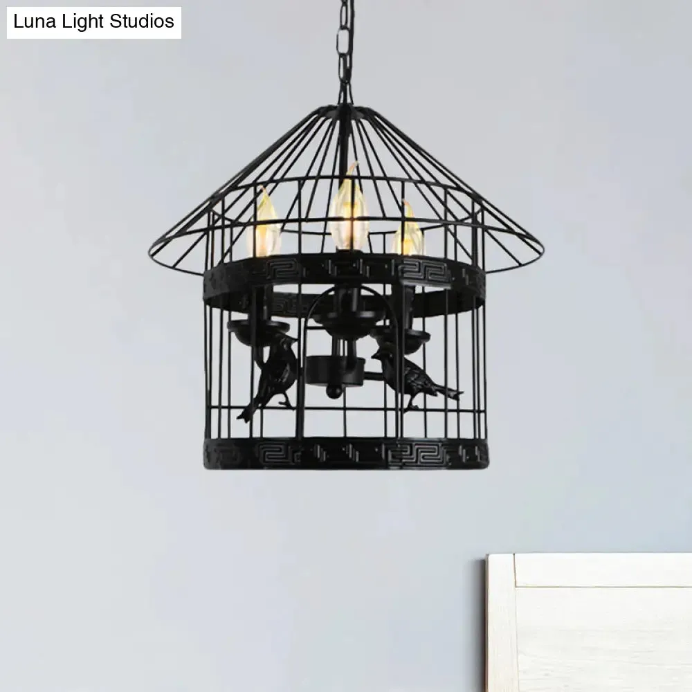 Barrel/Birdcage Chandelier Lighting - Vintage Style Pendant Light - 3 Lights - Black Metallic - Over Table