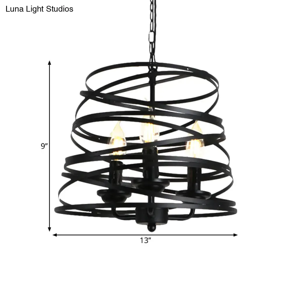 Barrel/Birdcage Chandelier Lighting - Vintage Style Pendant Light - 3 Lights - Black Metallic - Over Table