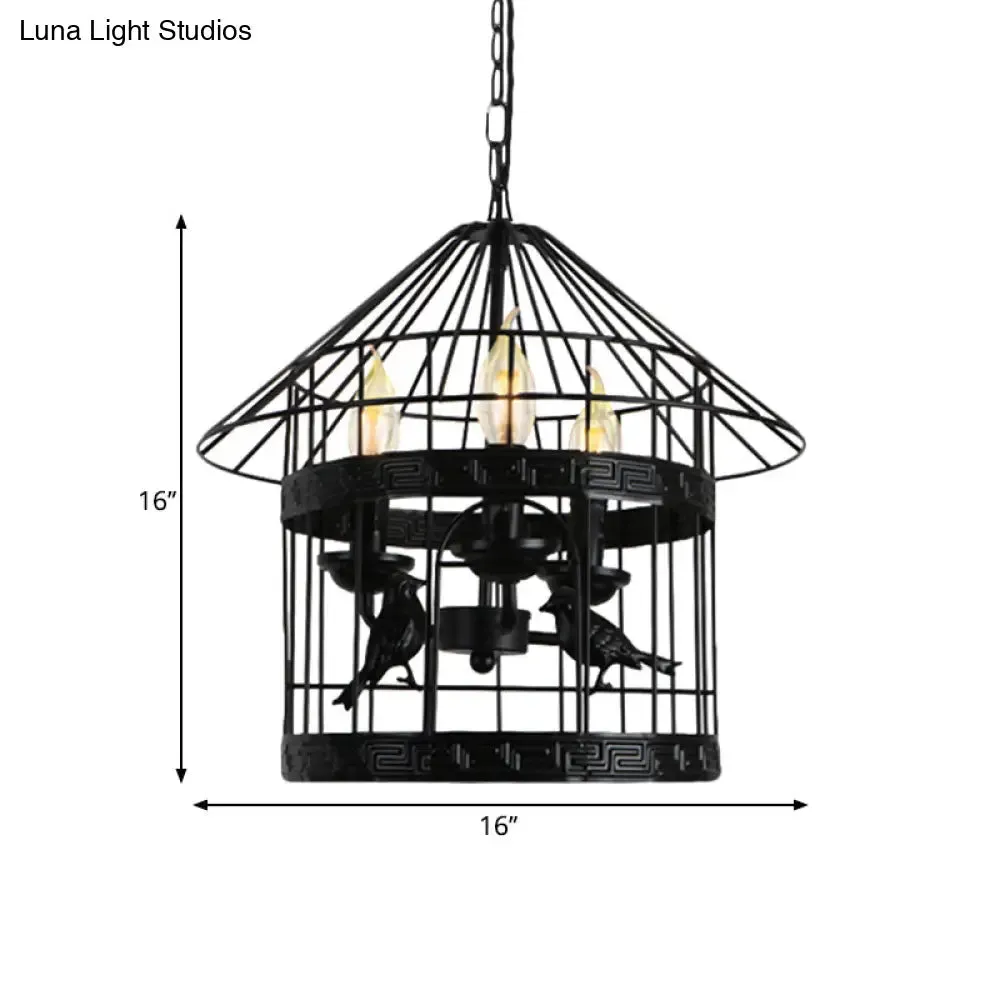 Barrel/Birdcage Chandelier Lighting - Vintage Style Pendant Light - 3 Lights - Black Metallic - Over Table