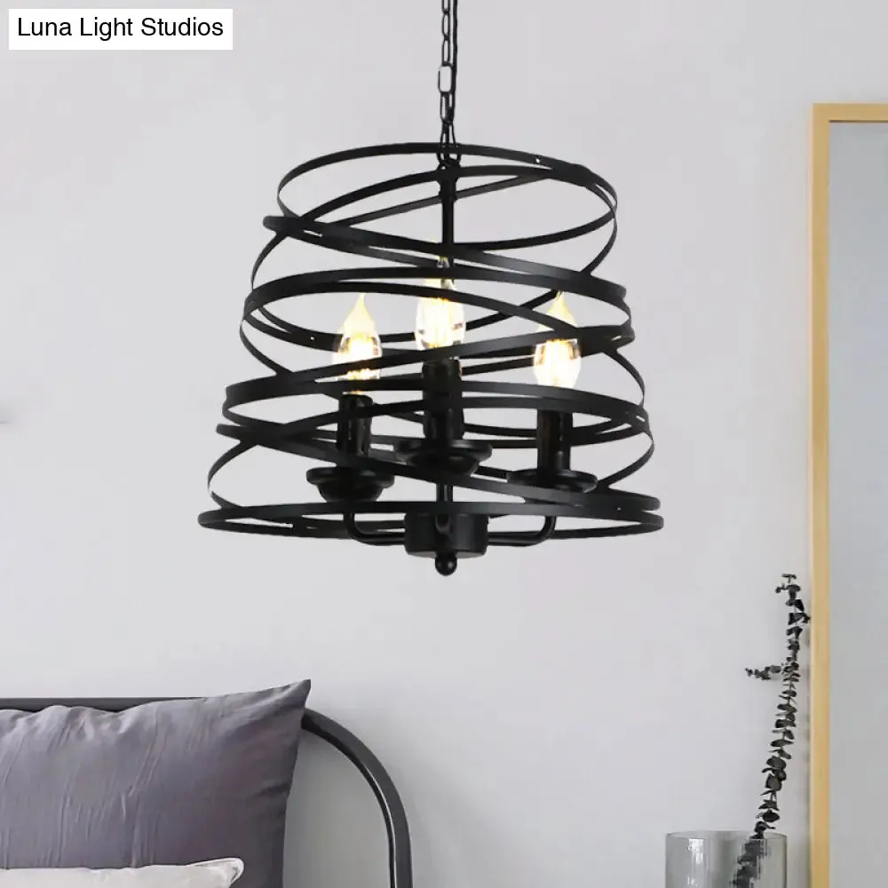 Barrel/Birdcage Chandelier Lighting - Vintage Style Pendant Light - 3 Lights - Black Metallic - Over Table