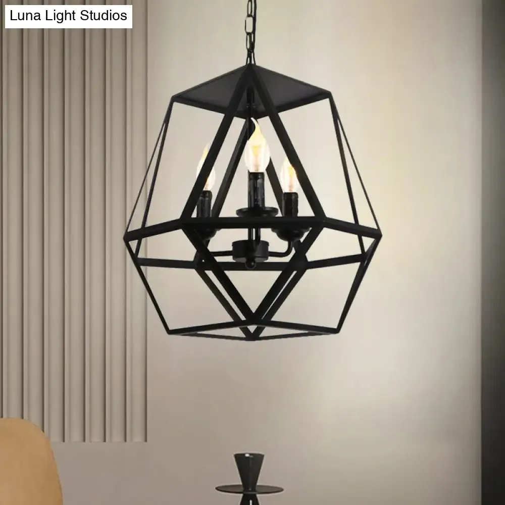 Barrel/Birdcage Chandelier Lighting - Vintage Style Pendant Light - 3 Lights - Black Metallic - Over Table