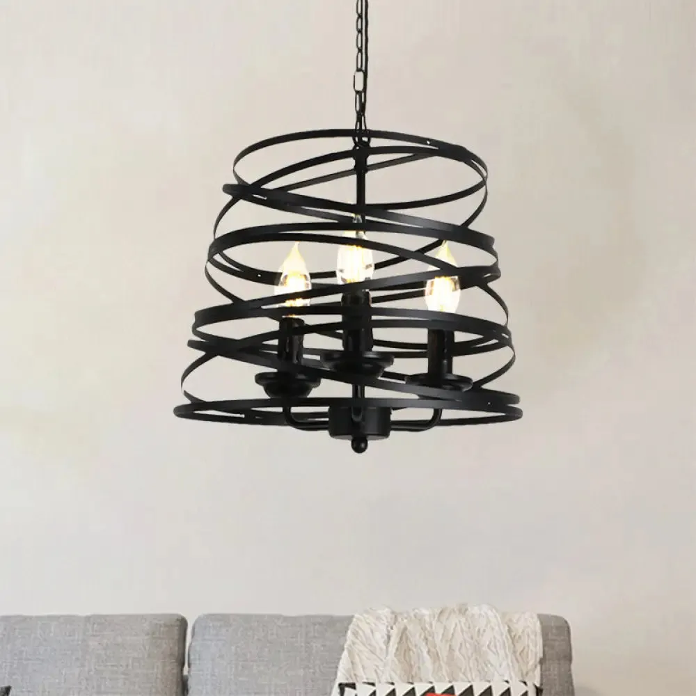 Barrel/Birdcage Chandelier Lighting - Vintage Style Pendant Light - 3 Lights - Black Metallic - Over Table