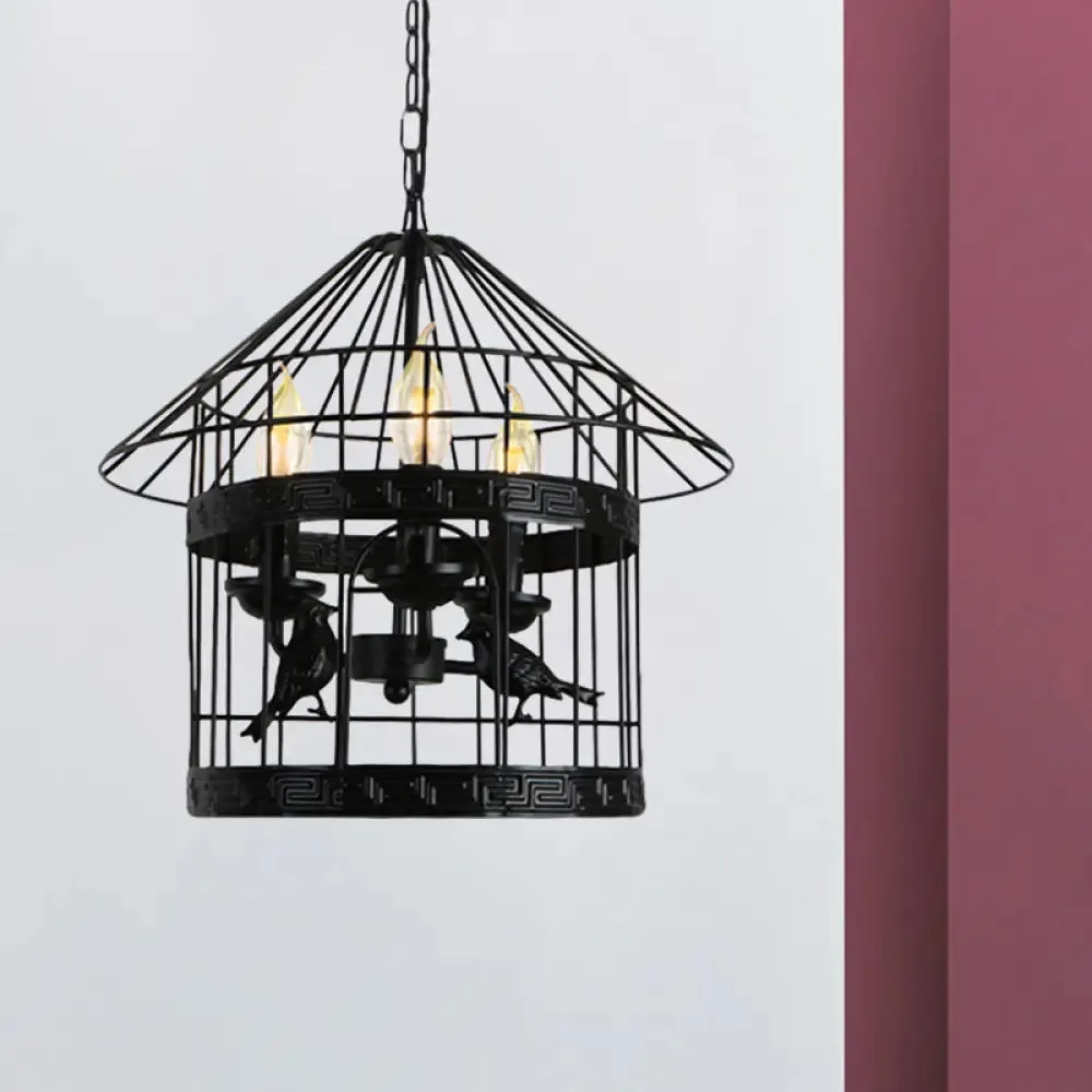 Barrel/Birdcage Chandelier Lighting - Vintage Style Pendant Light - 3 Lights - Black Metallic - Over Table