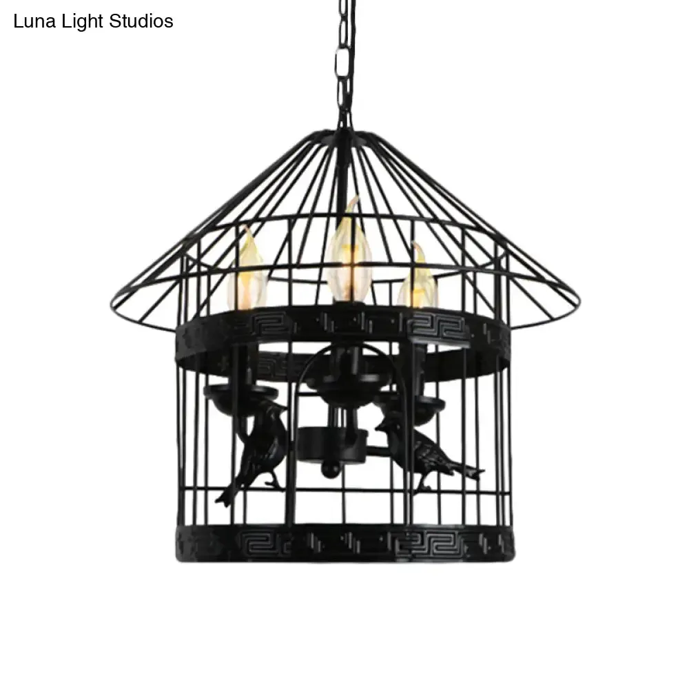 Barrel/Birdcage Chandelier Lighting - Vintage Style Pendant Light - 3 Lights - Black Metallic - Over Table