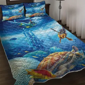 Bedding Sheet:  Underwater World Diver & Ocean Sea Turtle